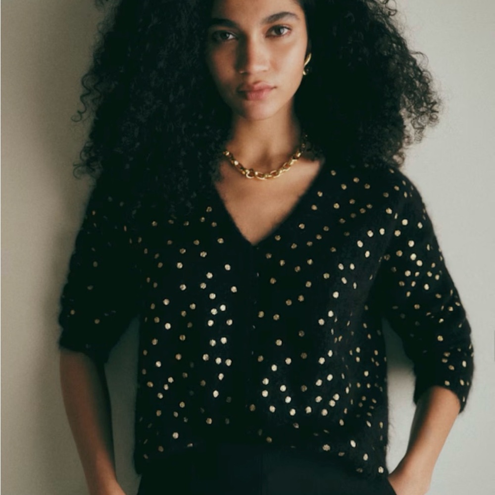 Sezane Lizy cardigan black with gold dots small NWT